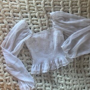 Hollister White Smocked Blouse with Sheer Sleeves